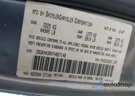 2007 Dodge Charger z USA, uszkodzony, nr VIN 2B3KA43RX7H857148